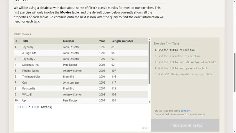 Screenshot of SQLBolt